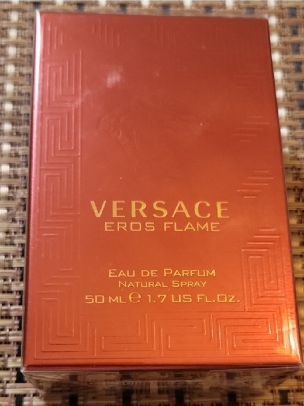 Versace Eros Flame Metallic Red-Orange Box with Gold Lettering